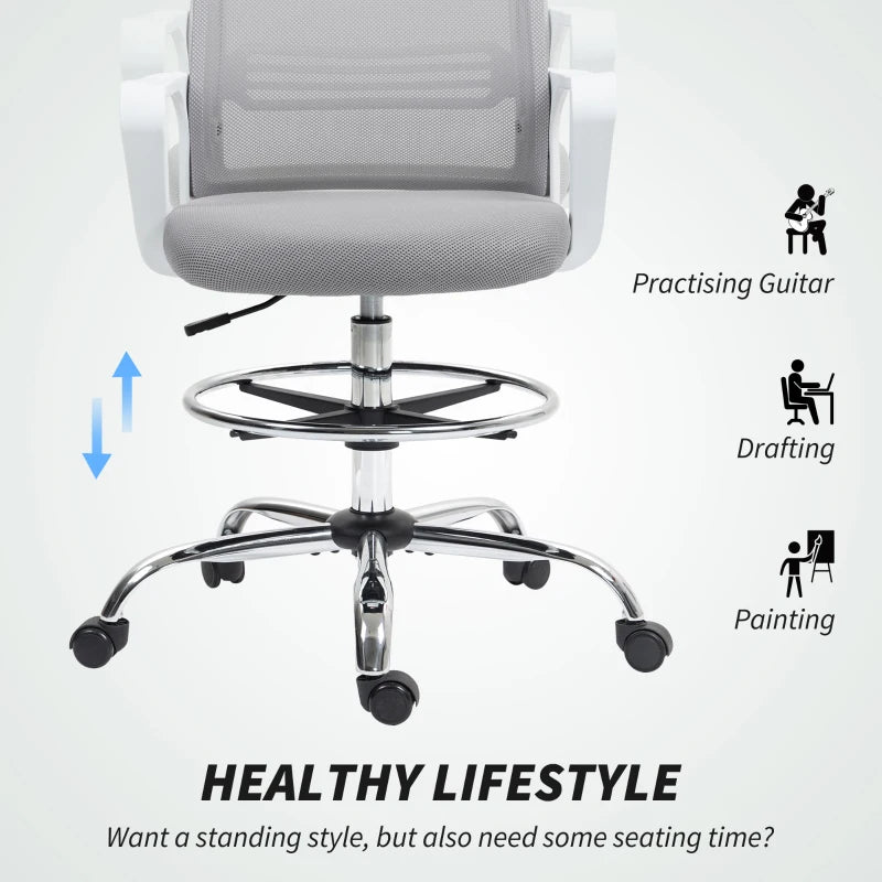 Ergonomic Draughtsman Chair - Mesh Drafting Office Chair with Lumbar Support & Adjustable Foot Ring - Grey
