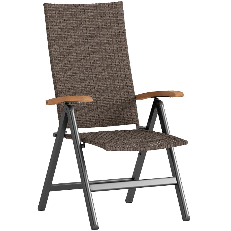 Folding Rattan Garden Dining Chair - 5-Level Reclining High Back, Wood Armrests, Outdoor Patio Furniture - Brown
