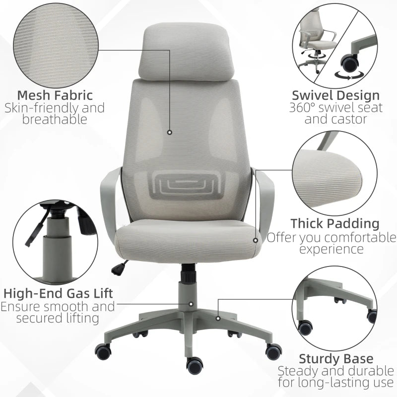 Vinsetto Ergonomic High Back Office Chair - Mesh Desk Chair with Lumbar Support, Adjustable Headrest & Height, Grey
