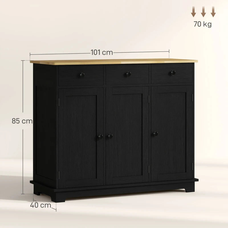 Stylish Black Wood-Effect Sideboard with Rubberwood Top & Adjustable Shelves - Perfect for Dining Room & Kitchen Storage