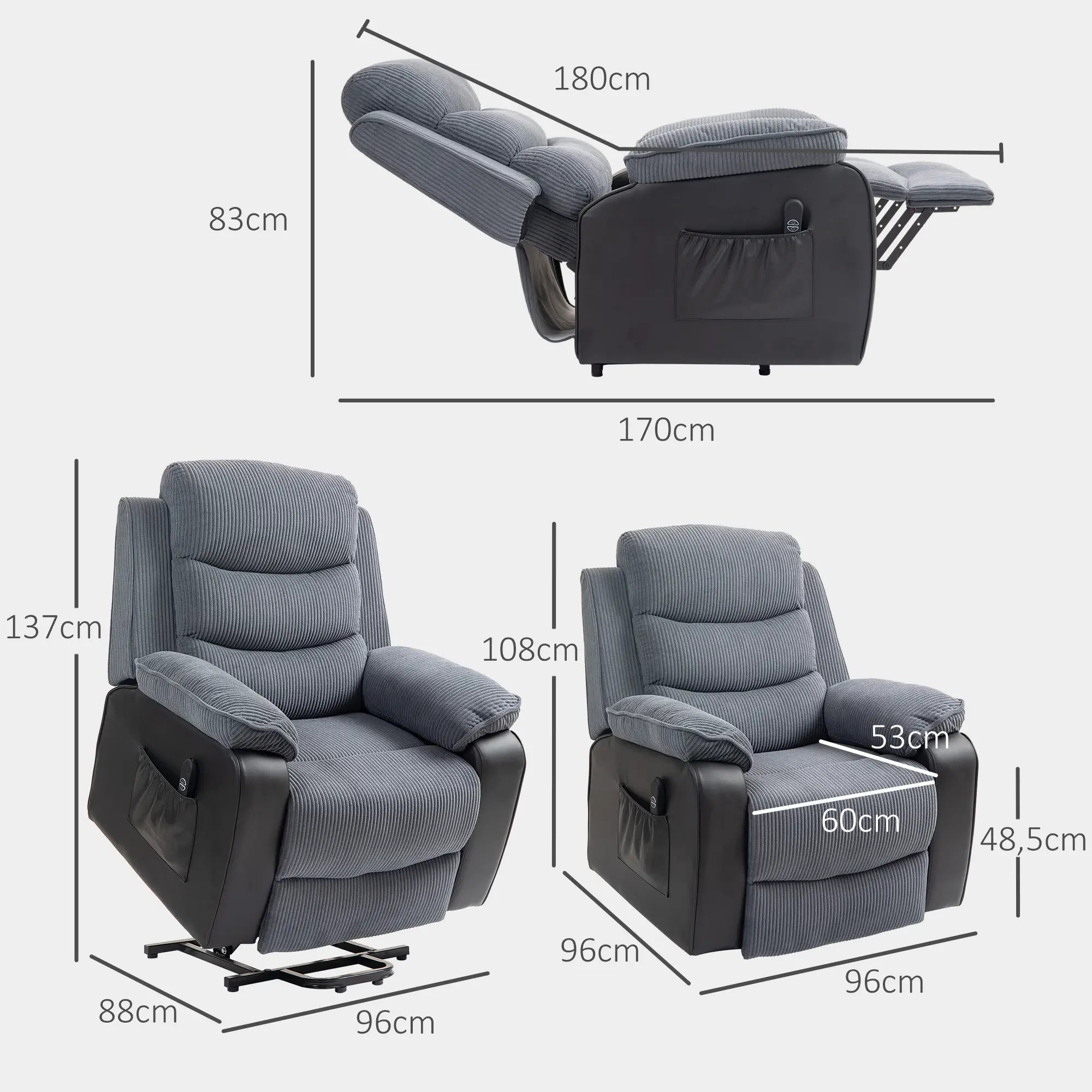 Overstuffed Dark Grey Electric Lift Recliner Chair for Elderly – Power Riser Armchair with 150° Recline, Footrest, USB Charging Port & Supportive Padding – Adjustable Mobility Sofa for Seniors