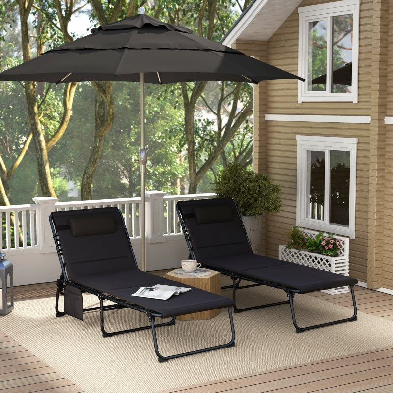 Folding Sun Loungers Set of 2 - Black Recliner Garden Chairs with Quick Drying Pad, Headrest & Side Pocket for Beach & Pool