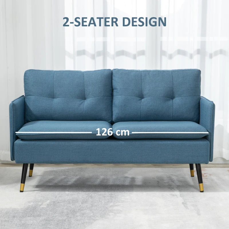 Modern Button Tufted Two Seater Sofa with Cushions and Steel Legs for Living Room, Dark Blue