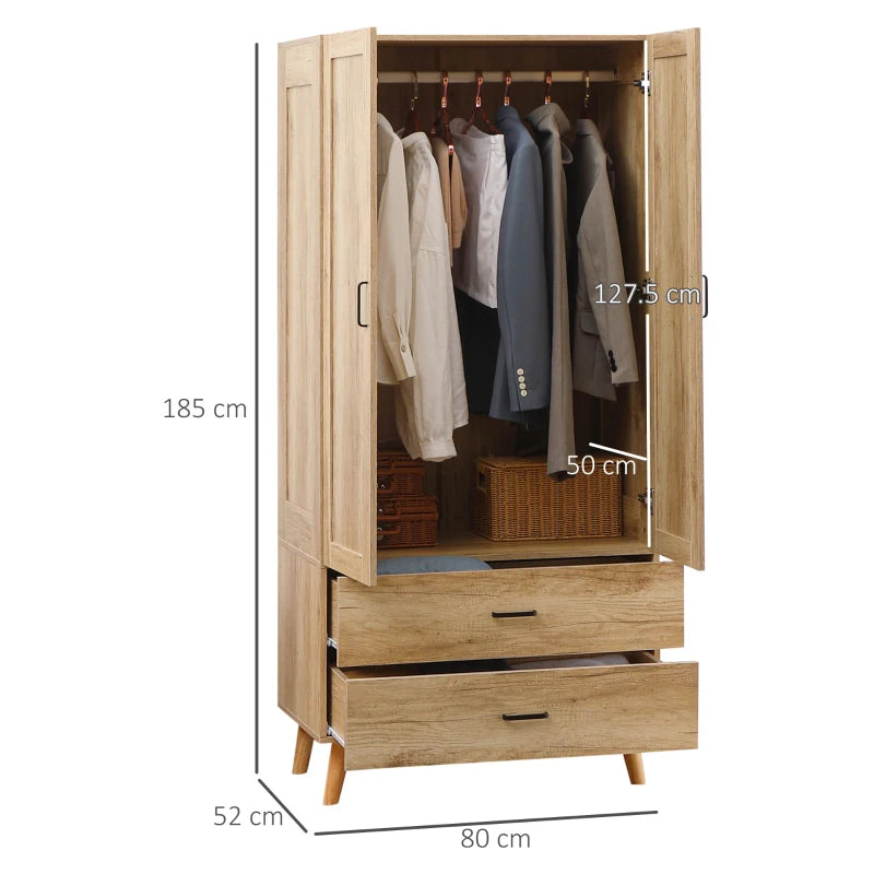 Modern 2 Door Wardrobe with Drawers and Hanging Rail for Stylish Bedroom Storage