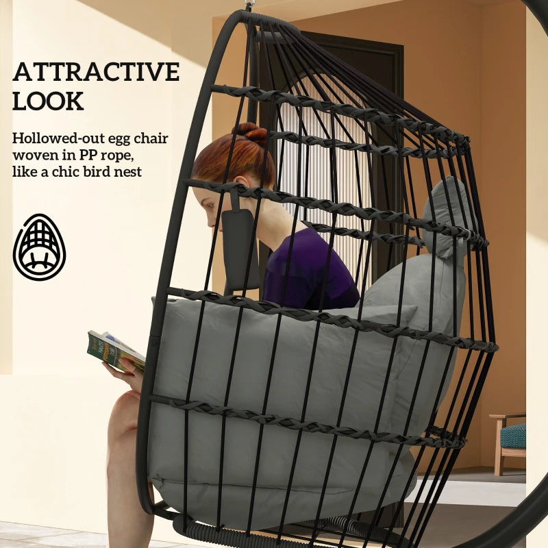 Hanging Egg Chair - Dark Grey - Outdoor Indoor Garden Swing Chair with Folding Basket, Thickened Cushion, Stand, Headrest & Cup Holder - Perfect for Patio & Balcony