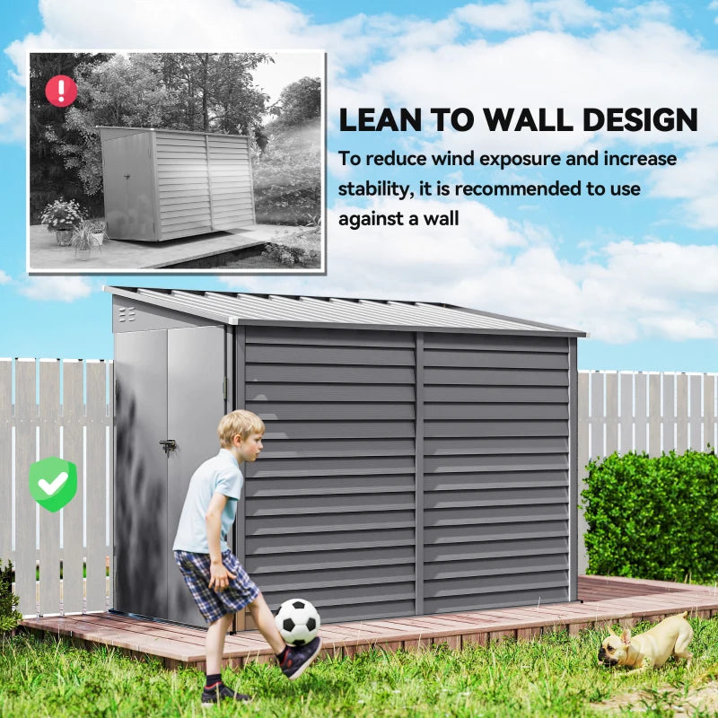 5x9ft Galvanised Metal Garden Shed with Foundation Kit – Lockable Outdoor Lean-to Storage with Vents & Gloves – Grey