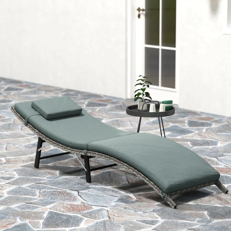 Rattan Folding Sun Lounger Outdoor Chair with Cushion and Pillow in Mixed Grey