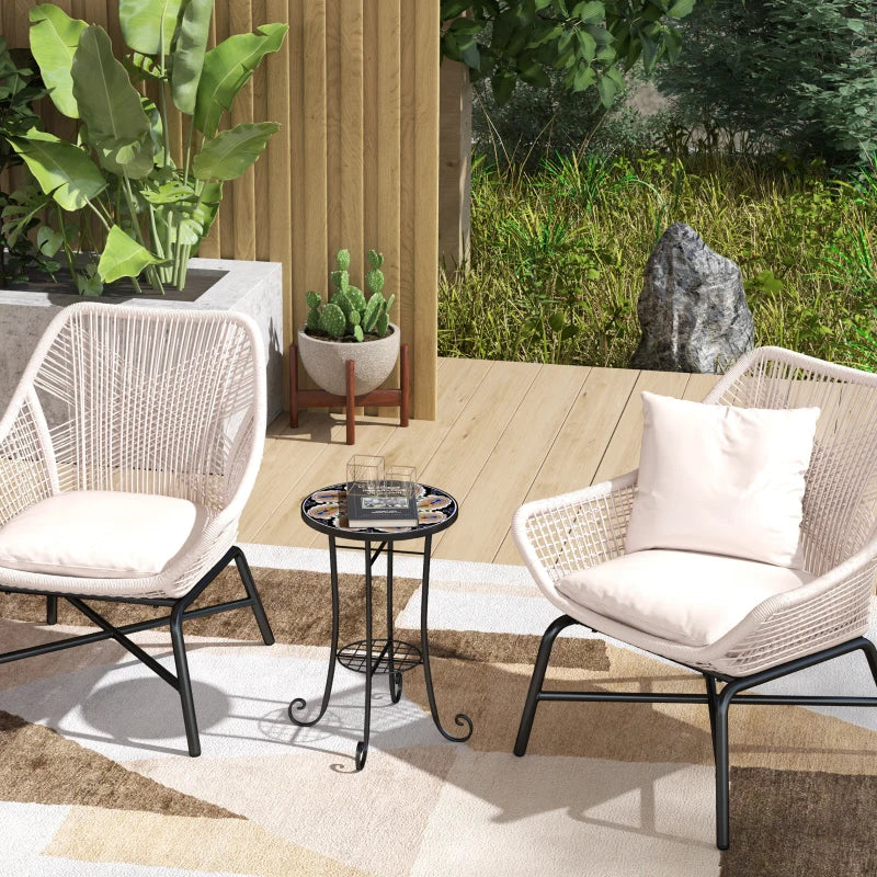 35.5 cm Round Orange Mosaic Garden Table - Ceramic Tile Top Outdoor Bistro Table with Shelf for Patio, Balcony, Indoor Use
