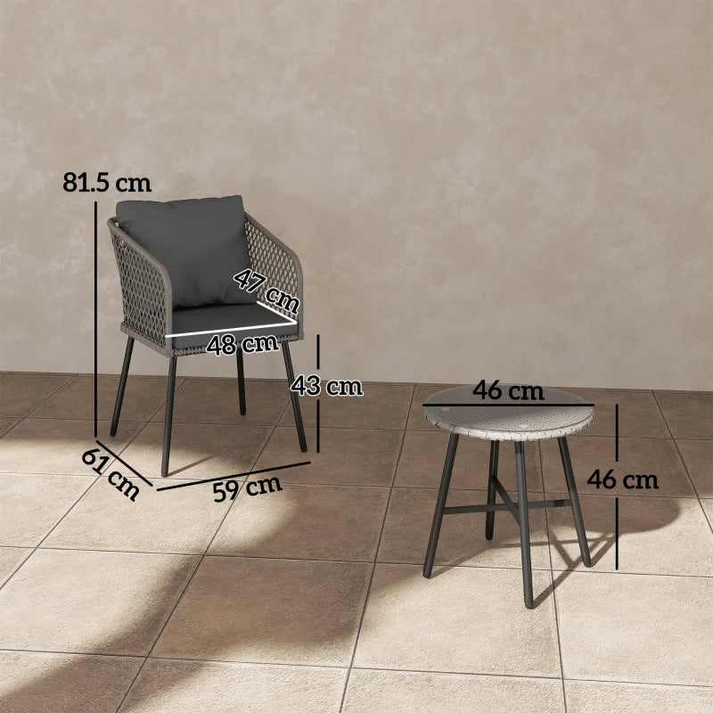 3 Piece Rattan Bistro Set with 2 Chairs & Glass Table for Garden, Balcony, Grey