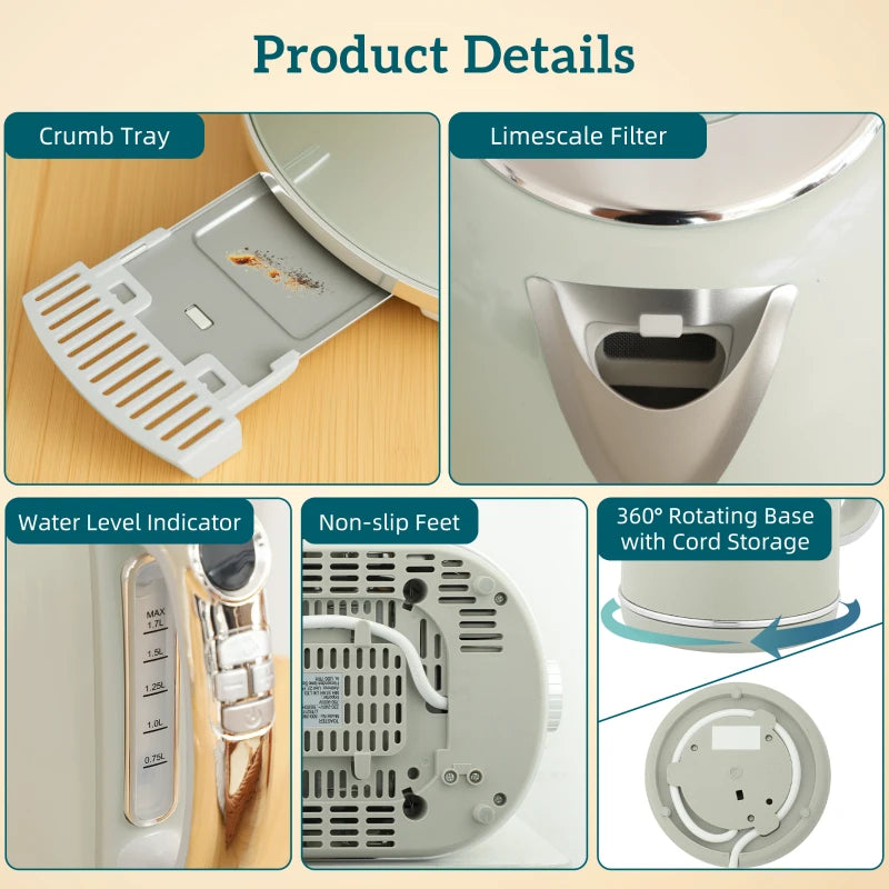 Polished Retro Grey Kettle and Toaster Set - Stylish 40-100°C Temperature Control for Modern Kitchens