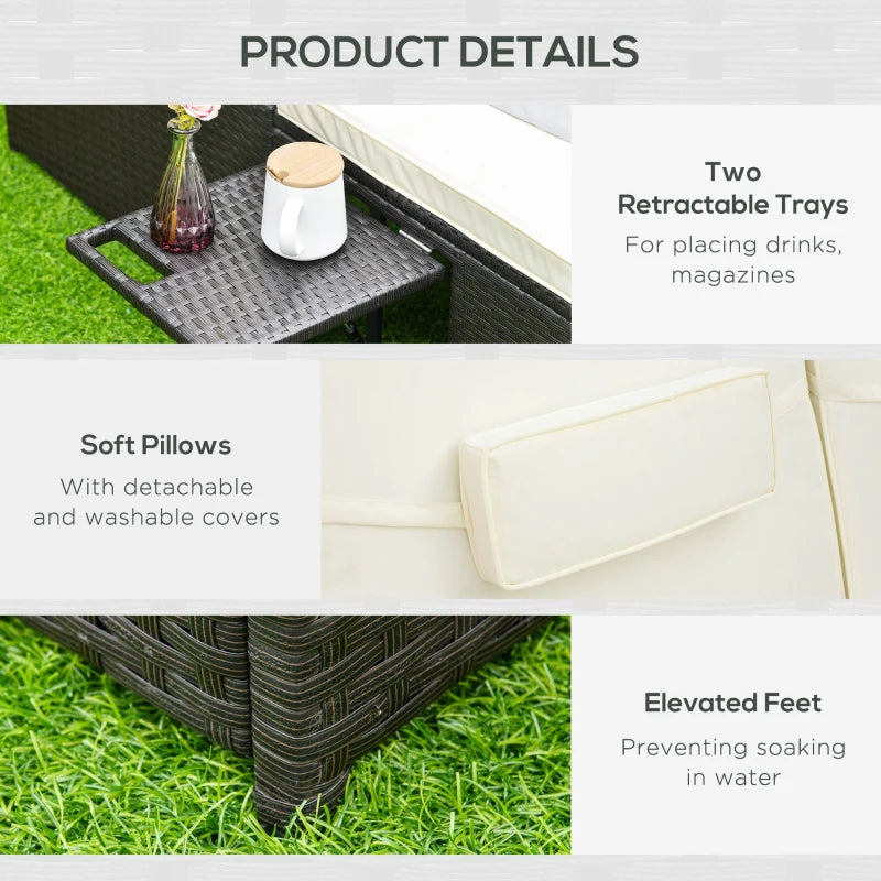 Double Rattan Sun Lounger Recliner Day Bed - Cream