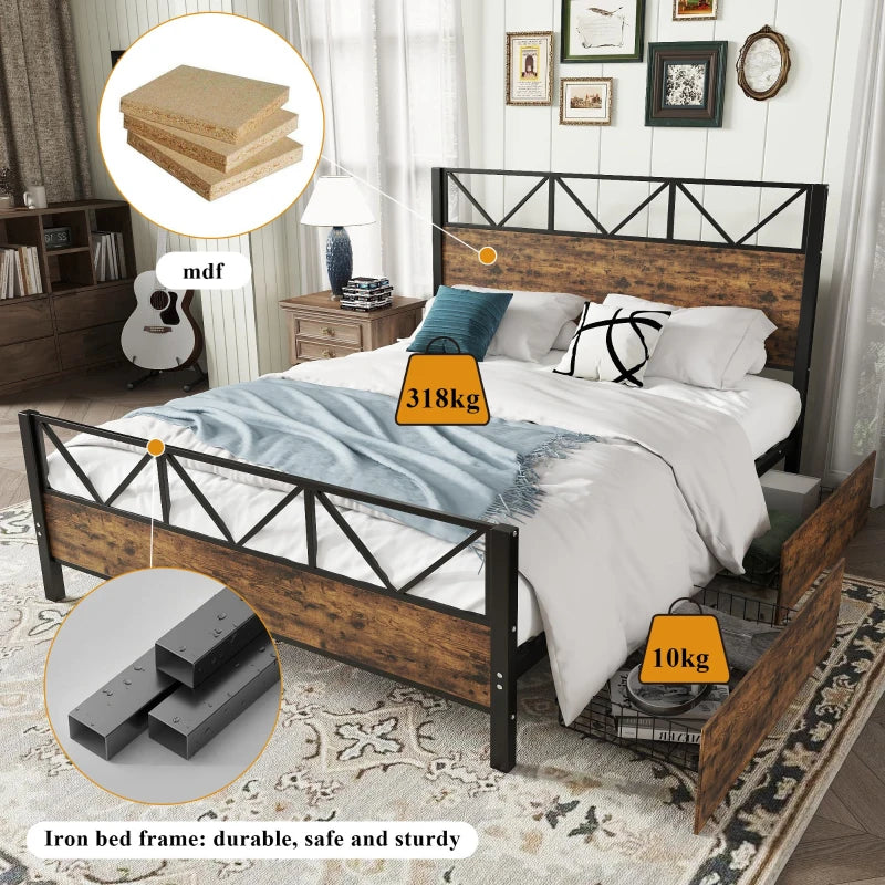 Sturdy Metal Double Bed with 2 Storage Drawers - Iron Frame & MDF, Black, 198L x 137W x 116H cm for Adults & Teens