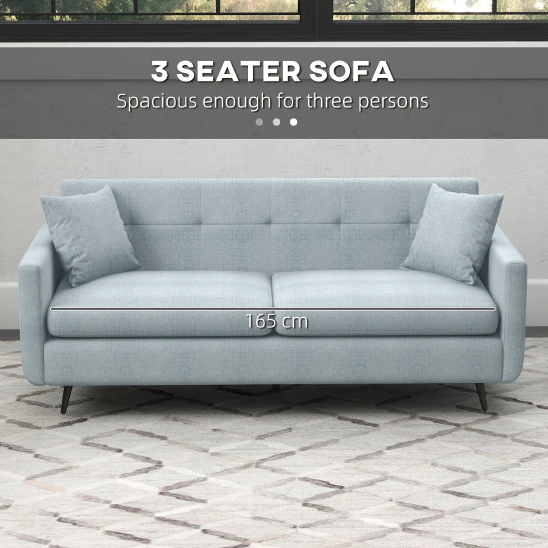 Modern 165cm 3-Seater Sofa for Living Room, Tufted Fabric Couch with Steel Legs and Storage Pockets, Blue