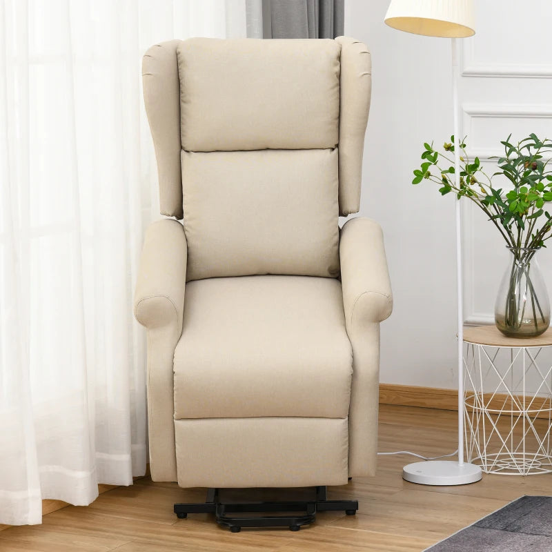 Electric Lift Recliner Armchair for Elderly - Fabric Riser Chair with Remote, Side Pockets, Extended Footrest, Beige