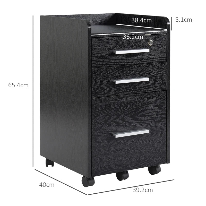 Secure Black Three-Drawer Filing Cabinet with Lock - Ideal for Home Office Storage and Organization