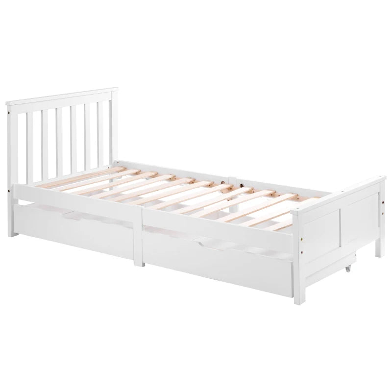 Wooden Solid Pine Divan Storage Bed with Drawers - Single 3ft, 196x100x82 cm, Stylish White Finish