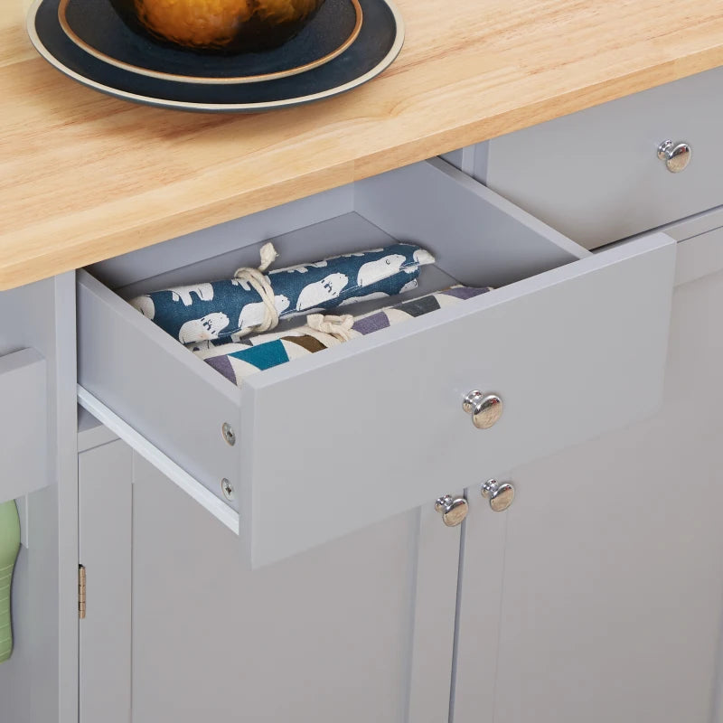 Rolling Kitchen Island on Wheels - Utility Serving Cart with Rubber Wood Top, Towel Rack, Hooks & Storage Drawers in Grey