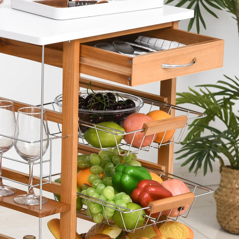 Rolling Kitchen Cart with 4 Basket Drawers & Side Racks - Utility Storage on Wheels for Dining Room, Brown Finish