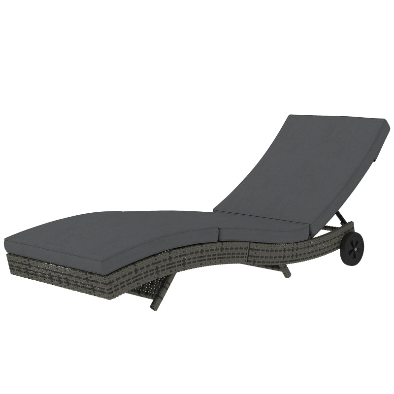 Dark Grey Outdoor PE Rattan Chaise Lounge Chair - Adjustable Backrest Sun Lounger with 2 Wheels, Size: Standard