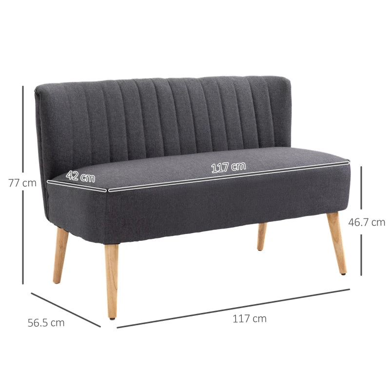 Modern Compact Double Seat Sofa Loveseat in Dark Grey with Padded Linen and Wooden Legs