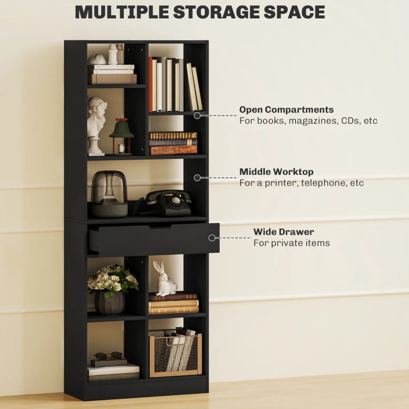 Tall Black Bookshelf with Drawer - Freestanding Bookcase for Bedroom, Living Room & Home Office Storage Solution