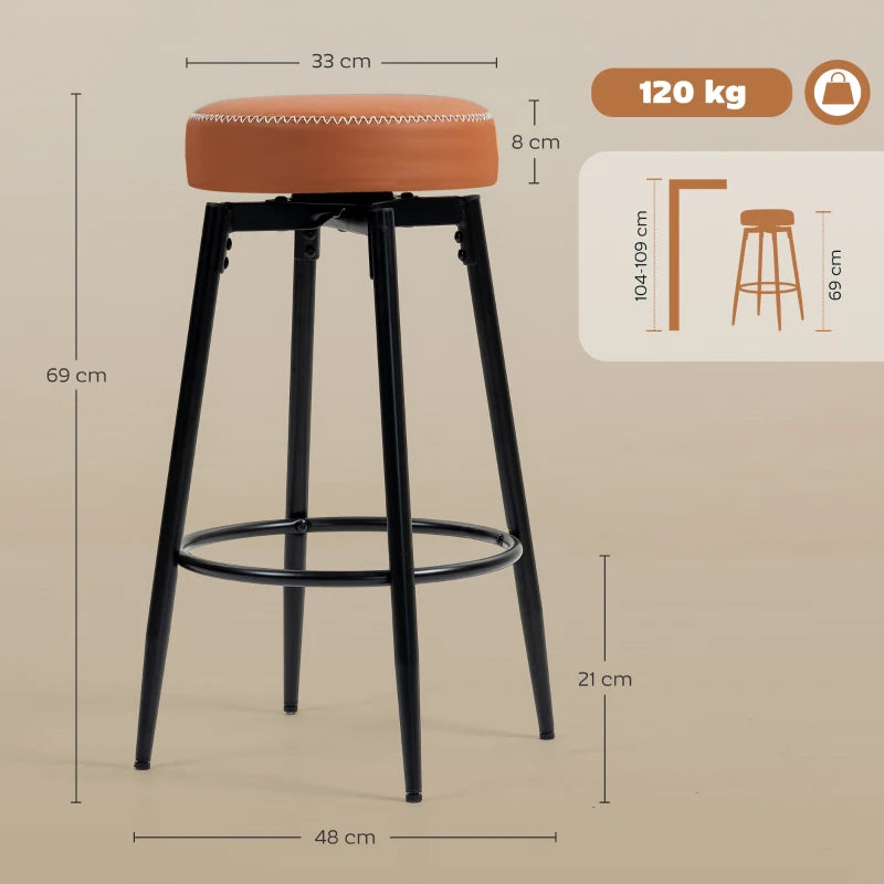 Set of 2 Stylish Faux Leather Bar Stools - Brown and Black Modern Design for Kitchen or Home Bar