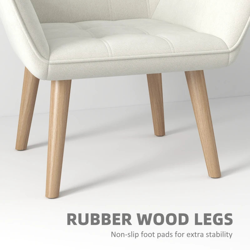 Cream White Accent Chair with Wide Arms, Slanted Back, Thick Padding and Rubber Wood Legs for Living Room