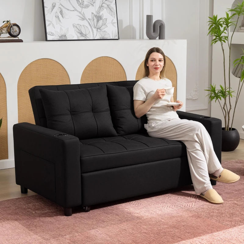 Stylish Black Two-Seater Pull-Out Sofa Bed for Compact Living Spaces