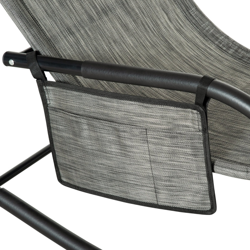 Dark Grey Outdoor Rocking Chair with Mesh Fabric and Storage Bag - Removable Headrest Pillow, Armrest & Side Storage Bag