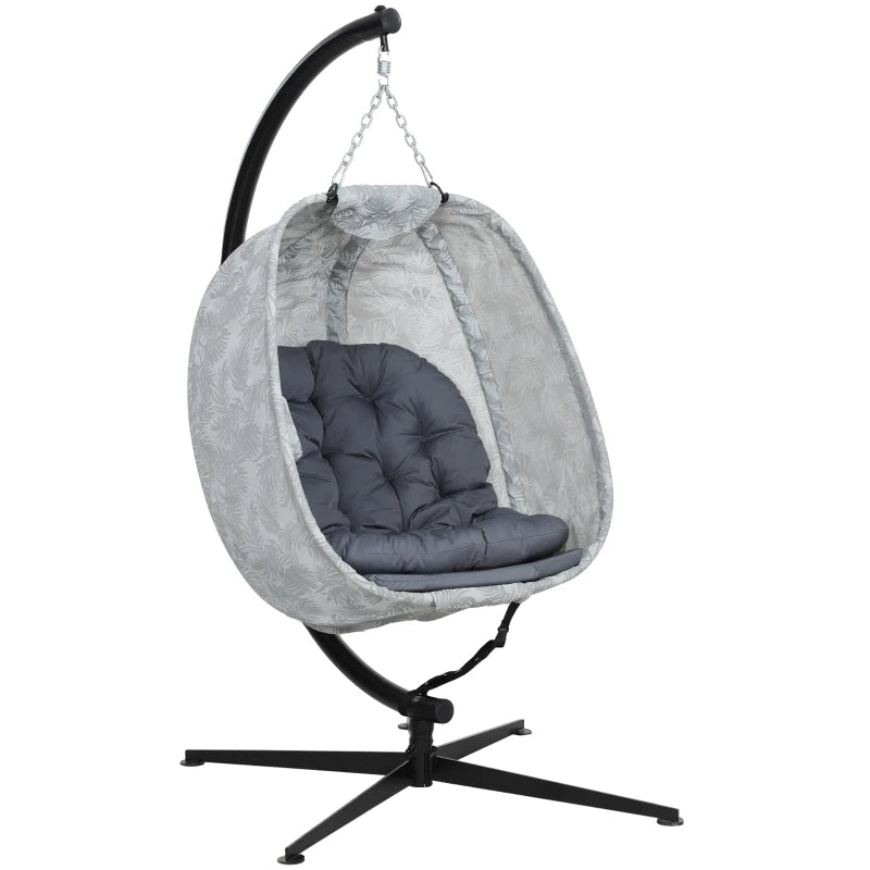 Hanging Egg Chair - Grey Outdoor Indoor Garden Swing Chair with Folding Basket, Stand, Thickened Cushion & Cup Holder