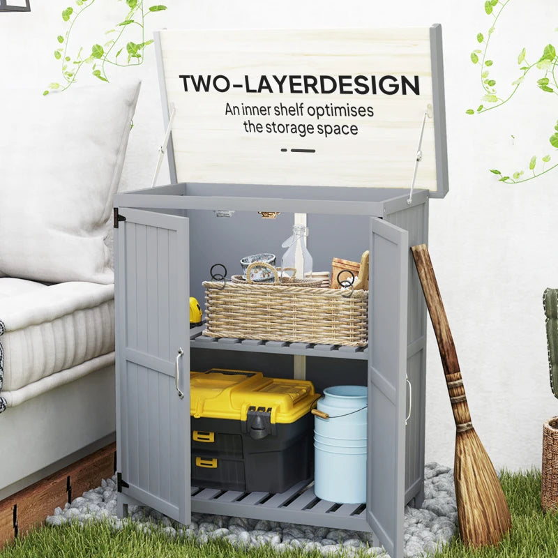 Wooden Garden Shed - Grey Outdoor Storage Cabinet with Hinged Roof, Shelf & Double Doors - 4x6 ft