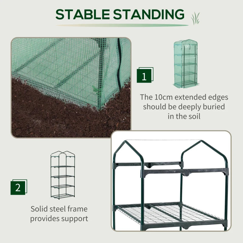 Portable Dark Green 4 Tier Mini Greenhouse with Steel Frame
