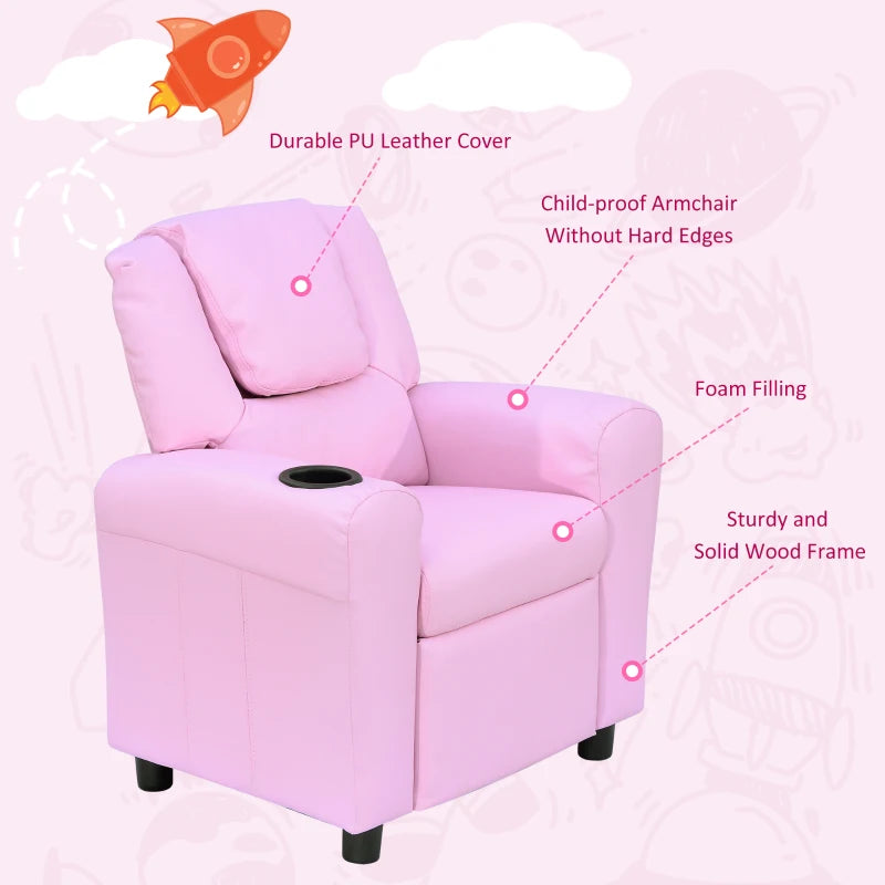 Pink Kids Recliner Chair - PU Leather, Adjustable Backrest & Footrest, Padded Headrest for Comfort - Perfect for Playrooms
