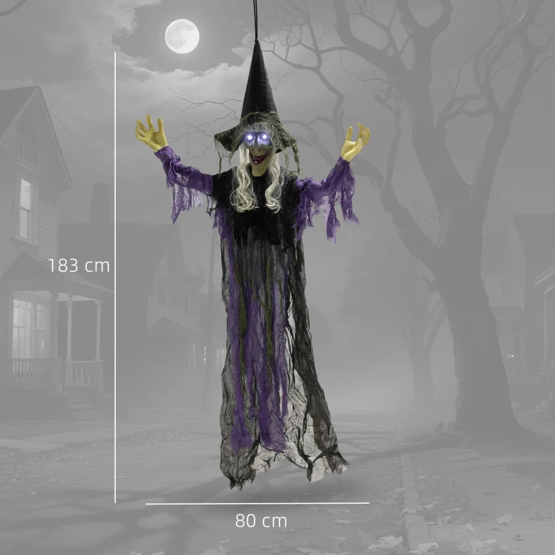 183 cm Life Size Animated Hanging Witch with Glowing LED Eyes - Spooky Halloween Decoration, Battery Operated Indoor Party Prop