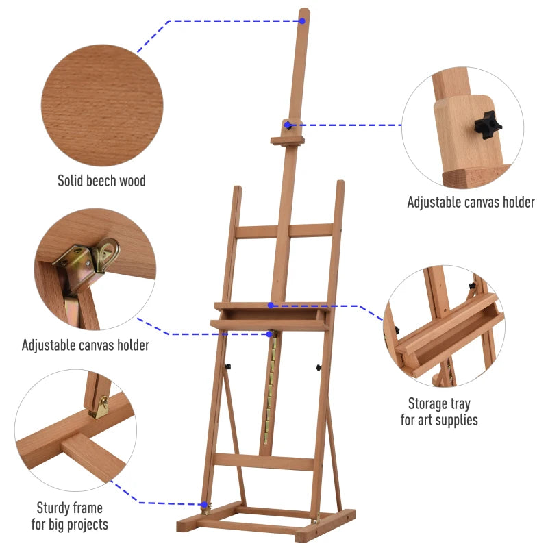 Vinsetto H-Frame Wooden Easel Stand - Adjustable 171-230cm Height, 0-80° Angles, Beech Wood Art Display for Weddings & Paintings