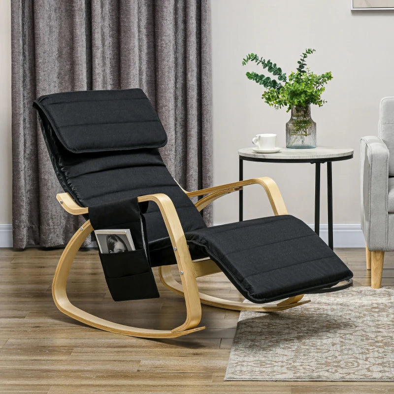 Adjustable Rocking Lounge Chair with Footrest, Side Pocket and Pillow for Ultimate Relaxation in Black