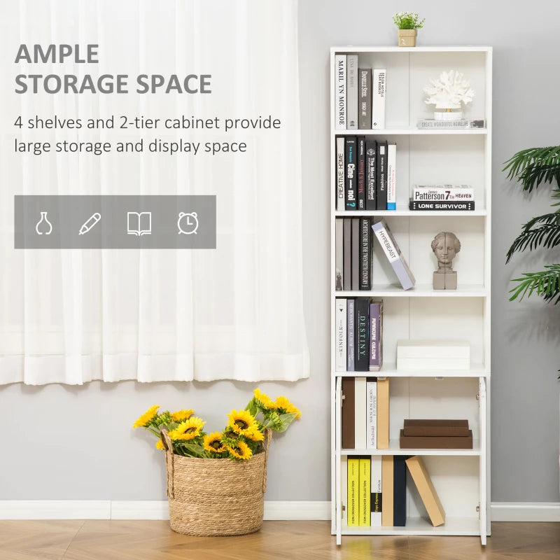 6-Tier Tall Bookcase with 4 Open Shelves & Double Door Storage Cabinet - Freestanding Display Rack for Living Room, Bedroom, Home Office - White