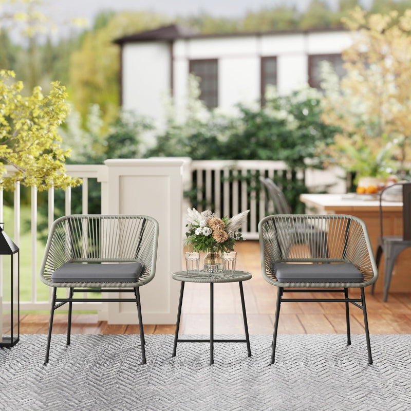 3-Piece Light Grey Rattan Bistro Set - Wicker Garden Table and Chairs with Cushions and Glass Top for Outdoor, Patio, Balcony