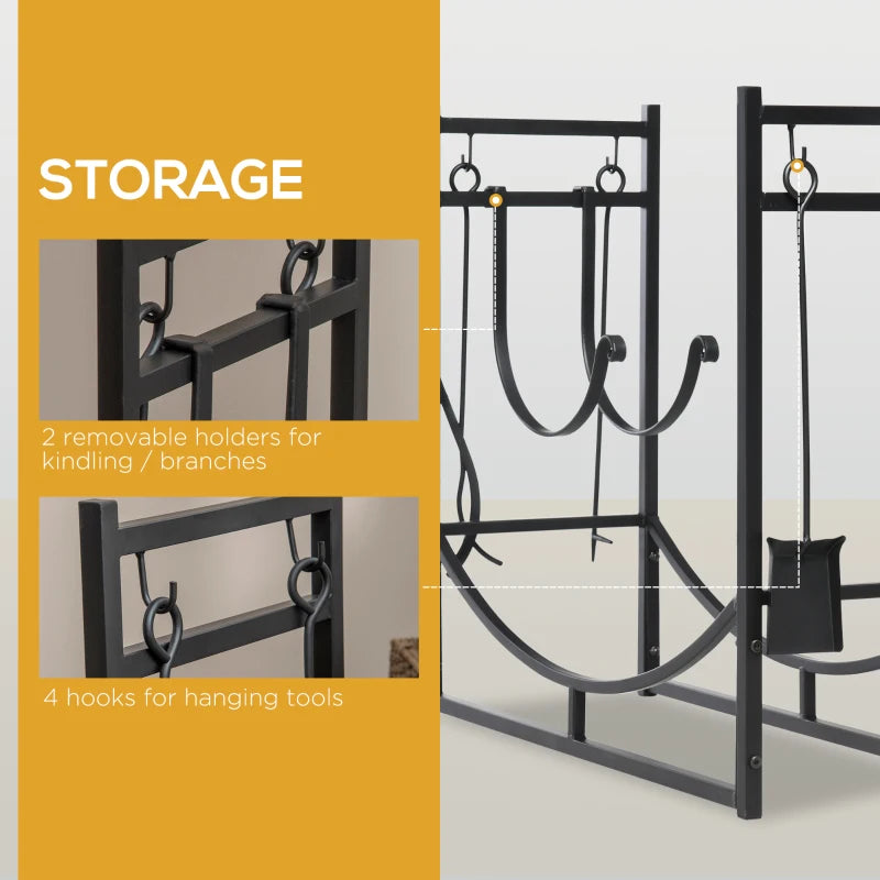 Metal Firewood Log Holder Rack - 2 Tier Indoor Outdoor Fireplace Storage with Tools & Hooks, Black, 84W x 33D x 76H cm