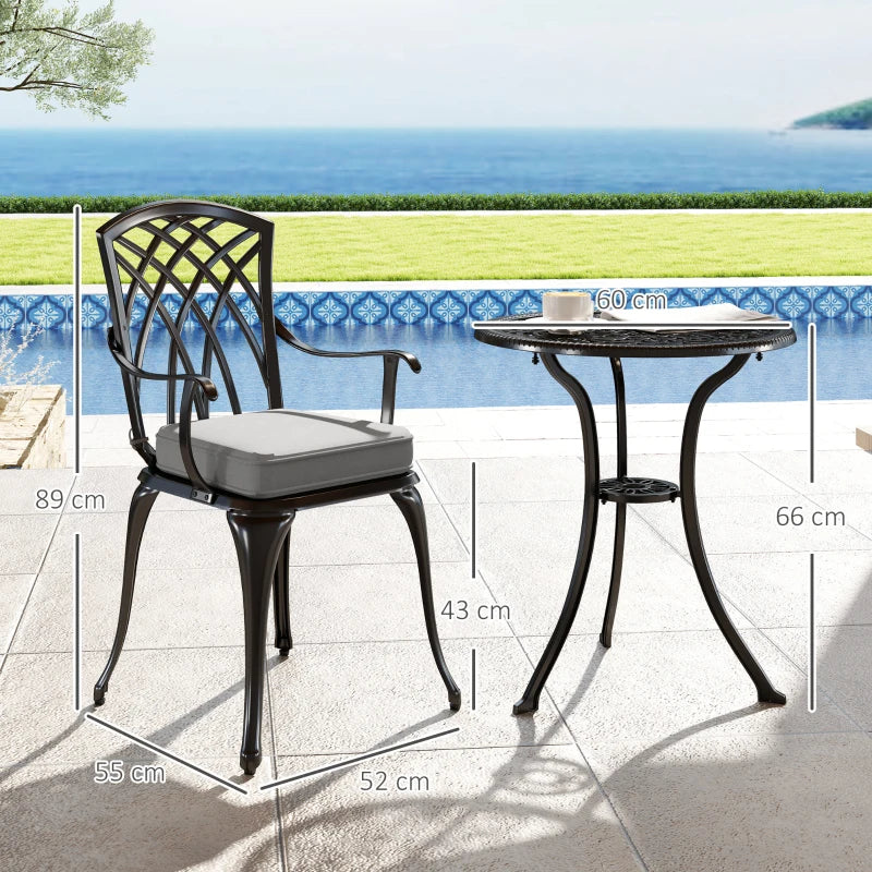 3 Piece Black Cast Aluminium Garden Bistro Set for 2 - Outdoor Coffee Table Set with Cushions, Rust Resistant, Parasol Hole, Perfect for Patio and Balcony