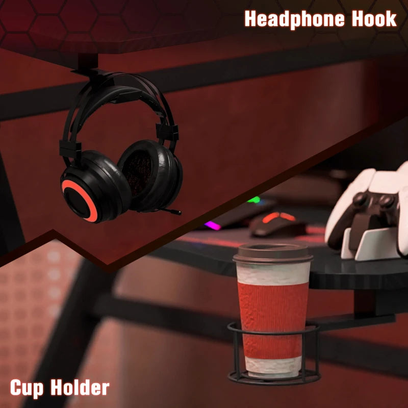 Gaming Desk 120x65 cm - Steel Frame, Cup Holder, Headphone Hook, Adjustable Feet, Cable Organizer - Black Home Office Table