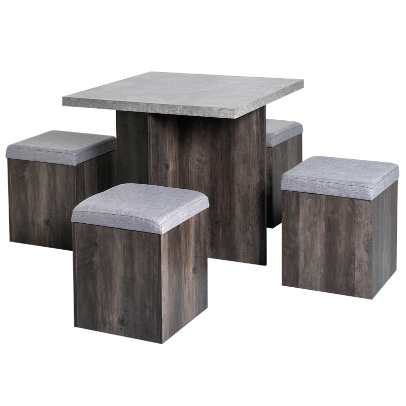 5PC Wooden Dining Set for Garden & Patio - Space Saving Design with 4 Storage Stools, Footrest Ottoman & Cushions