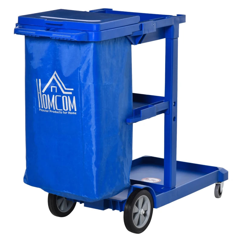Blue Janitor Cleaning Trolley with Bin, Shelves & Hooks - Heavy-Duty Utility Cart for Efficient Cleaning Solutions