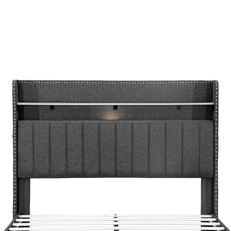 Double Upholstered Bed with Storage Drawers and Charging Ports in Grey Linen Frame