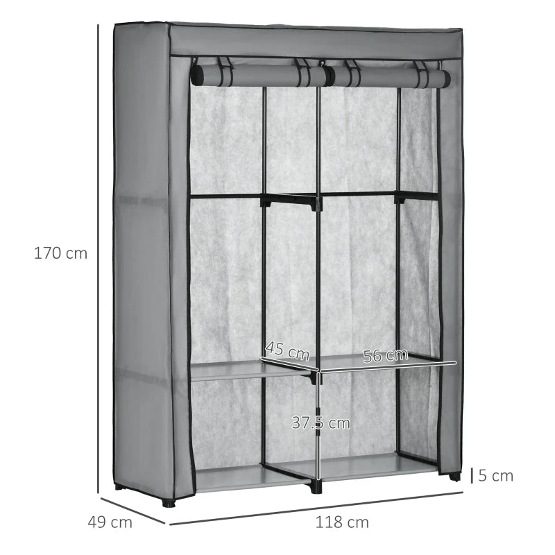 Light Grey Steel Frame Fabric Wardrobe with Rail and Shelves for Organized Storage