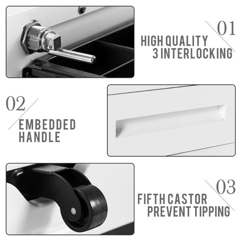 Mobile File Cabinet with 3 Lockable Drawers & Casters, Enamel Steel Side Table for Office & Study, White, 41x52x60 cm