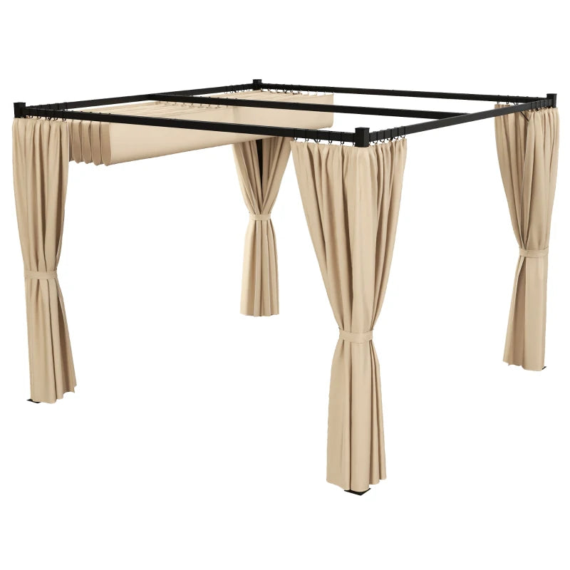 Beige Retractable Garden Pergola with Curtains - 3x3m