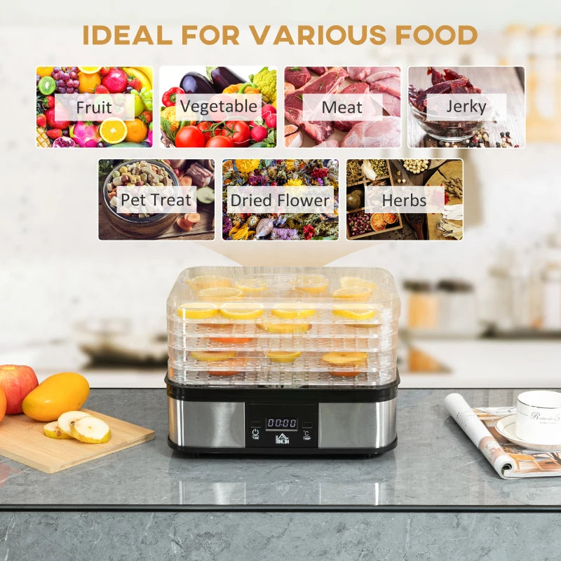 5-Tier Stainless Steel Food Dehydrator - 245W Adjustable Temperature & Timer, LCD Display for Fruits, Vegetables, Jerky & Pet Treats