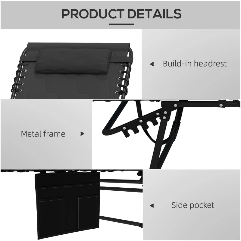 Adjustable Padded Sun Lounger Chair - Five-Position Recline, Outdoor Black Lounge Furniture
