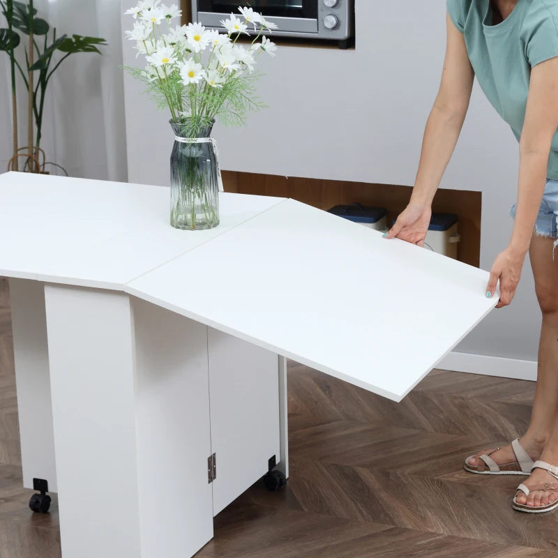 Folding Drop Leaf Dining Table with 2-Tier Shelves & Rolling Casters - Space-Saving Kitchen Table in White